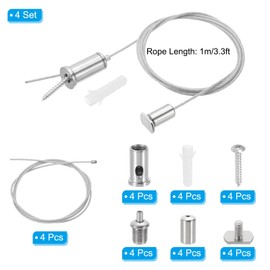 PATIKIL Ceiling Hanging Wire Cable Kit, 1m/3.3ft 4 Set Adjustable Light Suspend Cable Kit Panel Hanging Rope Clamp Slotted Round Nail for Pendant Light Fitting Aquarium Lights, Style 1