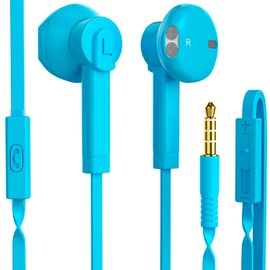 Auriculares de audio en la oreja con micrófono, control deslizante de volumen, cable con enchufe de auriculares de 3.5 mm para laptop, tableta, teléfonos inteligentes Android (paquete de 1) azul claro