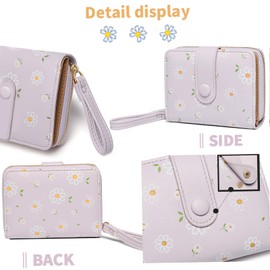 Farcauo Cartera Pequeña Con Estampado De Margaritas verde claro Cartera Mujer Bolso de Piel PU, Monedero Elegante y Práctico para Teléfono, Tarjetas y Efectivo