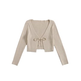 Floerns Women's Tie Front Long Sleeve Rib Knit Shrug Sweaters Cardigan Crop Top A Khaki M
