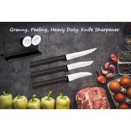 Rada 4 Pc Set Granny, Peeling, Heavy Duty Paring, Knife Sharpener (Black Handle)