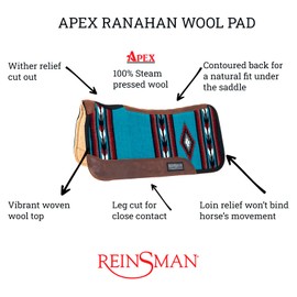 Reinsman APEX Ranahan Wool Soft Breathable Shock-Absorbing Fleece-Lined Moisture-Wicking Contoured Back Protection Wither Relief Horse Riding Saddle Pad, Athens