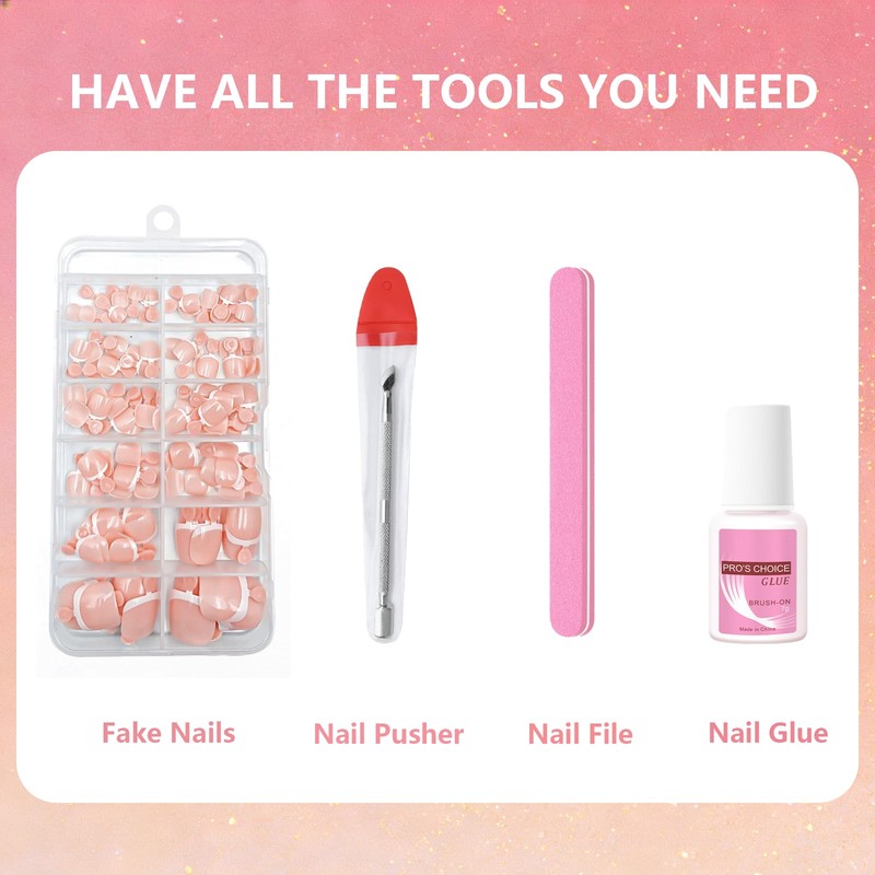 French Tip False Toenails Set - 120Pcs Nude Pink Fake