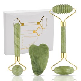Gua Sha Set y Rodillo de Jade, Jade Gua Sha y Rodillos Faciales para Mujeres, Regalos de Autocuidado para Mujeres,Mejora la Ojera, Cuidado de la Piel RegalosDrenaje Linfático Gua Sha
