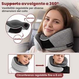 COSYLAND Cuscino da Viaggio in Memory Foam - Cuscino Aereo Ergonomico con Supporto Cervicale a 360°, Design a Schiena Piatta, Regolabile e Compatto per Dormire in Aereo, Auto, Treno - Grigio