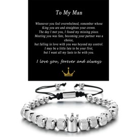 To My Man Bracelet - Straighten Your Crown Bracelet Jewelry for Men Dad Husband Stainless steel Adjustable Crown Bead Bracelets for Men Christmas Jewelry (Silver)