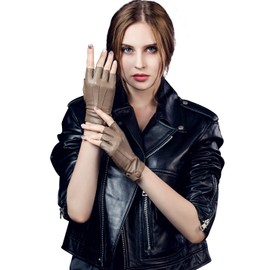 YISEVEN Women's Classic Sheepskin Leather Fingerless Gloves Lined Classic Soft Sheepskin 1/2 Half Finger Button Punk Motorcycle Cycling Fitness Touchscreen Warm Winter Gift, Taupe 8.5"/XXL