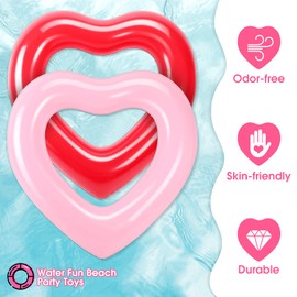 2 Pieces Heart Pool Float, 47.3 x 39.4 Inch Inflatable Swim Rings Bachelorette Party Pool Float Tube, Heart Shaped Summer Swimming Ring, Water Fun Beach Party for Adults (Pink, Red)
