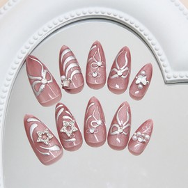RUOKEXIN Fall Press on Nails Almond Fake Nails Pink Cat Eye False Nails with Bow Star Designs Sparkly Artificial Nails Medium Nail Press ons for Women 24Pcs
