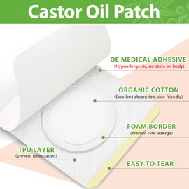 20 Pcs Castor Oil Patches with Organic Cold-Pressed Castor Oil (2.03oz) in Glass Bottle, Cotton Pack for Joints & Belly, Self-Adhesive & Disposable - Bonus Eyelash Care Kit
