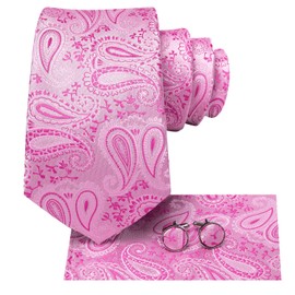 Hi-Tie Pink Paisley Mens 70inches Tie Set Extra Long Necktie for Men Cufflinks Handkerchief Big Tall Men Business Wedding