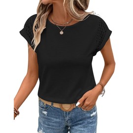 Bliwov Womens Tops Lace Cap Sleeve T Shirts Casual Trendy Cute Summer Spring Outfits Plus Size Beach Vacation Fashion Clothes,Black,M