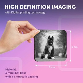 Destination Vinyl ltd Great Coasters (Set of 4) Square - BW - Large American Akita Puppy Dog Drink Glossy Coasters/Tabletop Protection for Any Table Type #36628