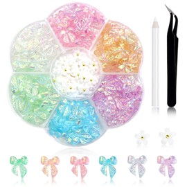 300Pcs Bow Nail Charms and Flowers Nail Charms,Aurora Bow-Knot 3D Cute Acrylic Nail Charms for Nail Supplies Design,White Flowers for Nail Metal Beads Decoration DIY Crafts Y2K Nail Art Accessories