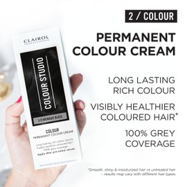 Clairol Colour Studio Permanent Colour Cream | Hair Dye | Long-lasting Rich Tones | 100% Grey Coverage | Dermatologically Tested Vegan Formula | Hair Colouring Kit | Midnight Black 2/0 | 50ML