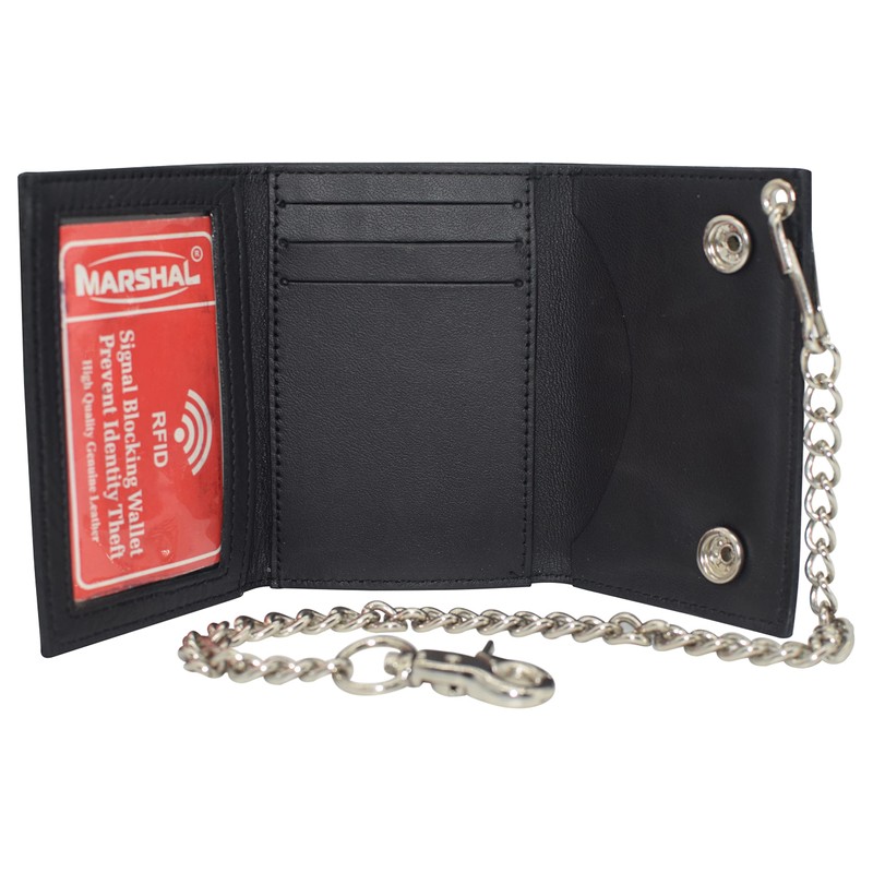 Mens Wallets Black Trifold RFID Protection Real Leather Skull Biker