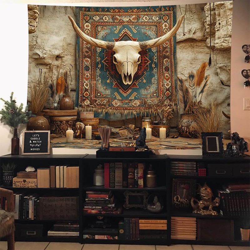 RichIdeas Western Tapestry Tribal Totem Bull Skull Wall Hanging