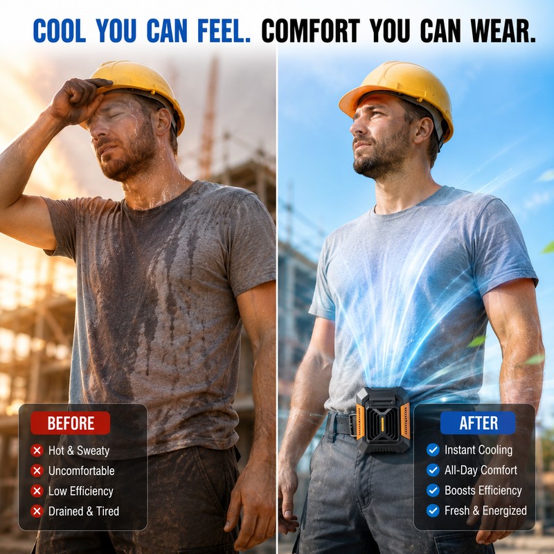 Portable Waist Fan for Outdoor Work – Rechargeable 3-Speed Belt