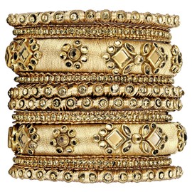 Aheli Silk Thread Fabric and Stone Studded Kundan Chura Chuda Bangles Set Champagne Color Gift for Women Size 2.6"