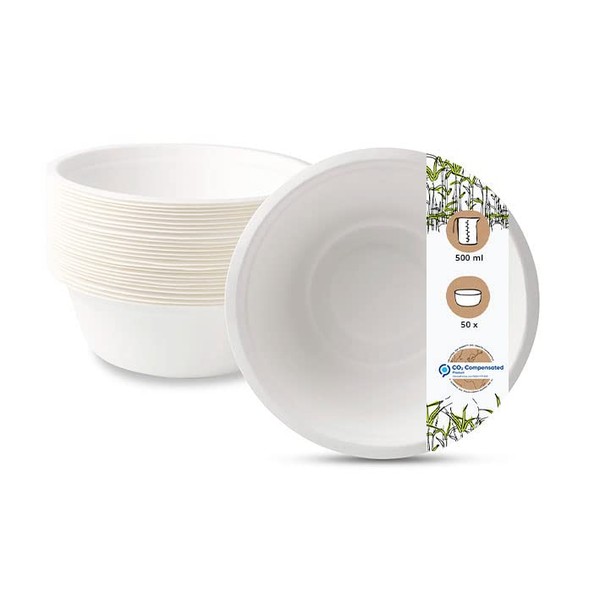 BIOZOYG Disposable Tableware Bowls Made of Sugar Cane, Compostable, Biodegradable Tableware, Soup Plates, Pasta Plates, Serving Bowls, 50 x Soup Bowls, 500 ml, Round, 15 cm