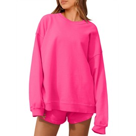 Tankaneo Womens Oversized 2 Piece Outfits Sweatsuit Casual Long Sleeve Crewneck Sweatshirts Sweat Shorts Fall Lounge Sets Rose Red