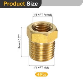 sourcing map 4Pcs 1/4 NPT Male x 1/8 NPT Female Brass Reducer Hex Bushing Threaded Pipe Fitting, Brass Threaded Pipe Fitting Adapter for Water, Gas, Oil Pipeline Systems