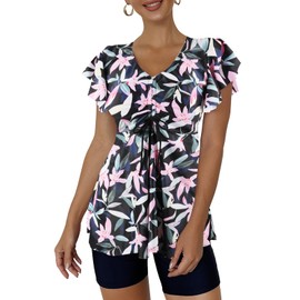 Ecupper Womens Tankini Set Two Piece Swimsuits Drawstring Floral Bathing Suit Short Sleeve Swimdress with Boyshorts Pink Flower M