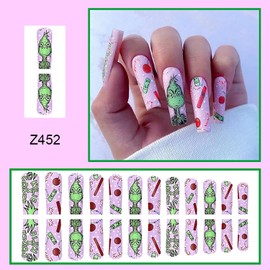 Christmas Press on Nails Long Length Cartoon Christmas Artificial Fake Nails Sets Acrylic False Nails with Green Haired Monster Designs Cute Holiday Glue on Nails Coffin False Fingernails for Women