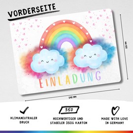 celebr8te 12 x Invitation Cards with Rainbow Motif, for Girls' Children's Birthday Parties, Colourful Birthday Invitations Including Messenger Picture and Holiday Voucher