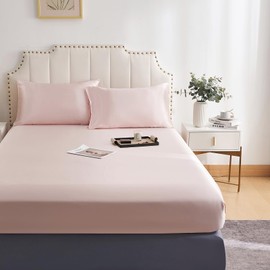 DuShow Fitted Sheet Double-Deep Pocket Satin Silky Bed Sheet,Breathable Soft and Comfortable-Wrinkle,Fade,Satin and Abrasion Resistant(Double,Blush Pink)