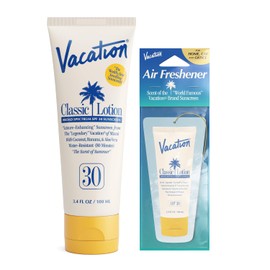 VACATION Vacation Classic Sunscreen Lotion SPF 30 & Air Freshener Bundle, Water-Resistant, Lightweight, Transparent on All Skin Tones, Dermatologist-Tested, Vegan, Travel Size, 3.4 Fl. Oz.