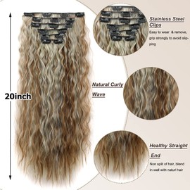 Gairyan Clip-In Extensions Like Real Hair, 6-Piece Set, 50 cm, Synthetic Wavy Long Curly, Light Brown & Blonde