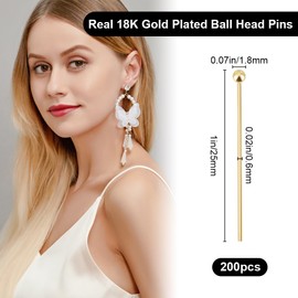 Beebeecraft 200Pcs/Box 25mm Ball Head Needles 18K Gold Plated Stainless Steel Eye Quilting Satin Straight Needles for Sewing Dressmaking Jewellery Making DIY Craft Head 1.8mm
