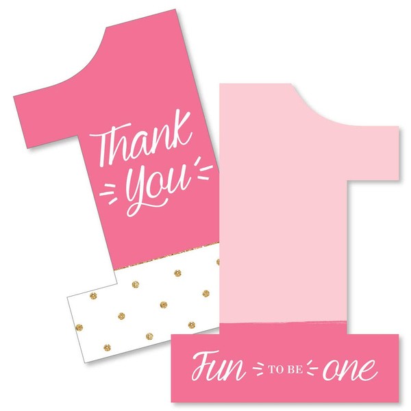 1st Birthday Girl - Fun to be One - Shaped Thank You Cards - First Birthday Party Thank You Note Cards with Envelopes - Set of 12