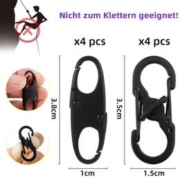 Mini S-Carabiner Zip Clip - 4 S-Shape Key Rings with Screw Closure, 4 Clasp Clip, Mini Carabiner Hook 8 Shaped 2 Openings for Backpack, Camping, Outdoor (Black, Pack of 8)