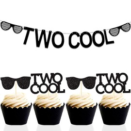 Set of 25 LaVenty Two Cool Banner Black Glittery Two Cool Cupcake Topper Sunglasses Party Supplies Decoration