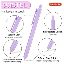 Retractable Pastel Gel Ink Pens, Shuttle Art 11 Pack Black Ink Pens, Cute Pens 0.5mm Fine Point for Writing Journaling Taking Notes School Office Home