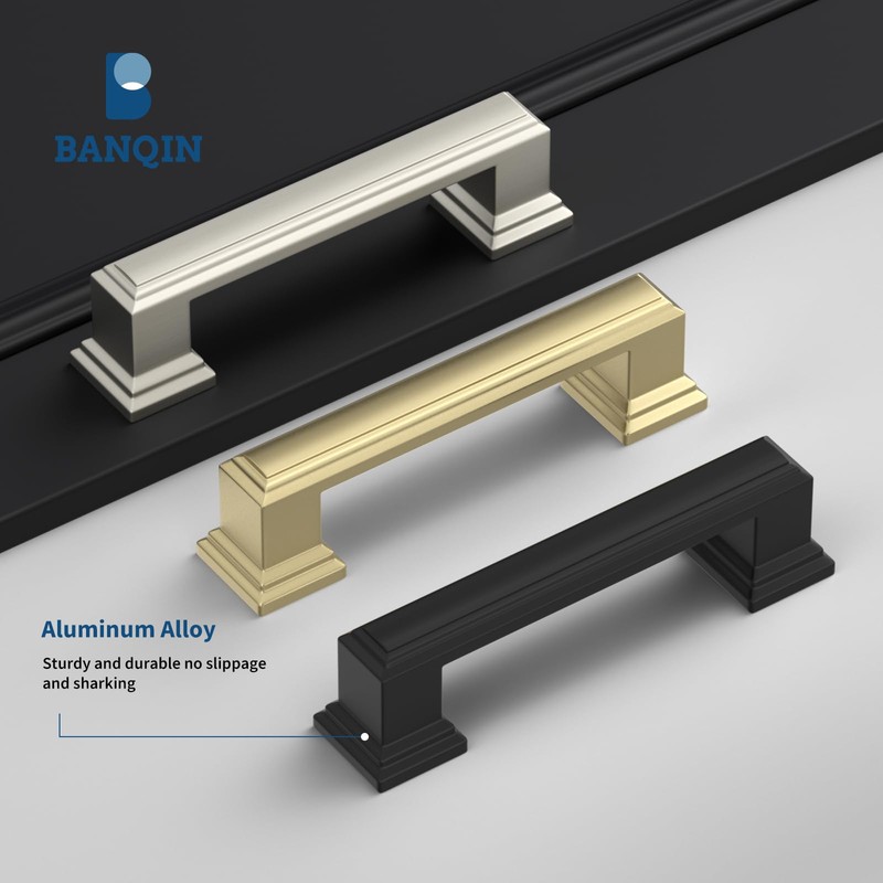 Banqin 10 Pack Brushed Gold Cabinet Handles, 3 Inch Hole