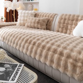 MDSASFD Faux Fur Couch Cover, Soft Warm Plush Sofa Couch Cover, Non Slip Sectional Sofa Slipcovers for L Shaped, Washable Furniture Protector for Kids, Dogs(Khaki, 36"x 63")