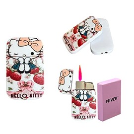 NIVEK Kulomi Lighter Kitty KT Torch Lighter Pink Flame Pocket Refillable Kawaii Cute Windproof Flame (Cat, Rabbit, Melody, Duffy) (A8-Strawberry Kitty)