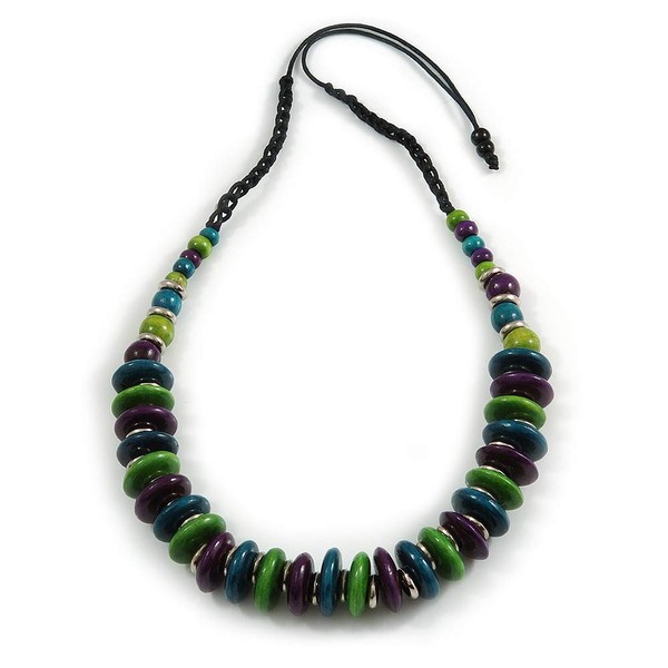 Avalaya Lime Green/Teal/Purple Wood Button/Round Bead Black Cotton Cord Necklace