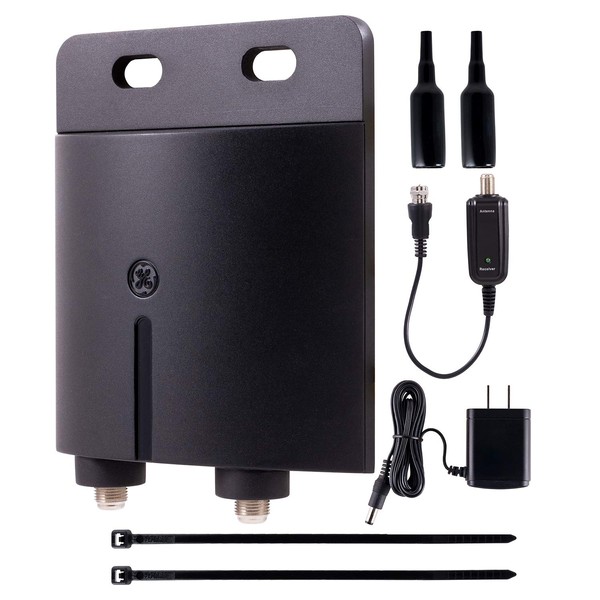 GE Pro Outdoor Antenna Amplifier,  Low Noise Antenna Signal Booster, Clears Up Pixelated Low-Strength Channels, Supports HD Smart TV VHF UHF – 42179
