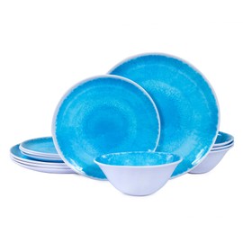 Melamine Dinnerware Sets 12 Pcs, Melamine Plates and Bowls,Party Plates and Bowls Sets, Camping Dishes Set for 4, Unbreakable, BPA Free, Dishwasher Safe Lake blue