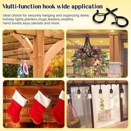 Hooks for Outdoor String Lights, 52 Pack Screw Hooks for Hanging Plants Led Party Lights Garage Wind Chimes, Black Heavy Duty Q Hanger Ceiling with Safety Buckle, Box and Wing Nut Driver