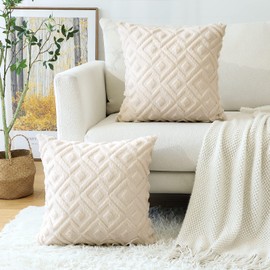 Artscope Set of 2 Wool Cushion Covers, Soft Plush, Short Wool Velvet, Decorative Cushion Covers, Luxurious Sofa Cushion, Boho Cushion Cover for Sofa, Bedroom, Geometric Cream Beige, 50 x 50 cm