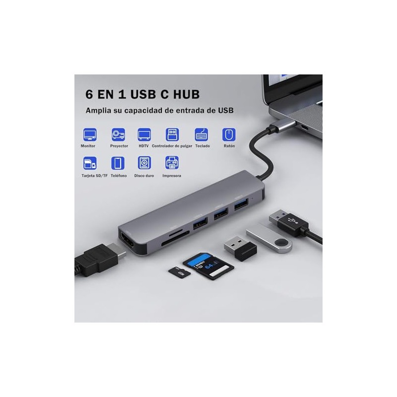 Hub USB C 6 en1, Adaptador Multipuerto USB C para