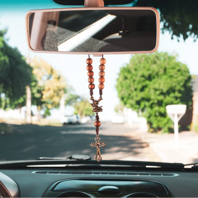 Car Rearview Mirror Rosary Decade Crucifix Ornament - Made in