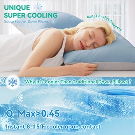Three Geese Cooling Goose Down Feather Pillows Standard Size for Hot Sleepers, Q-Max>0.45, Hotel Quality Cooling Bed Pillows with Washable Removable Cover for Side Stomach Back Sleepers, 20" x 26"