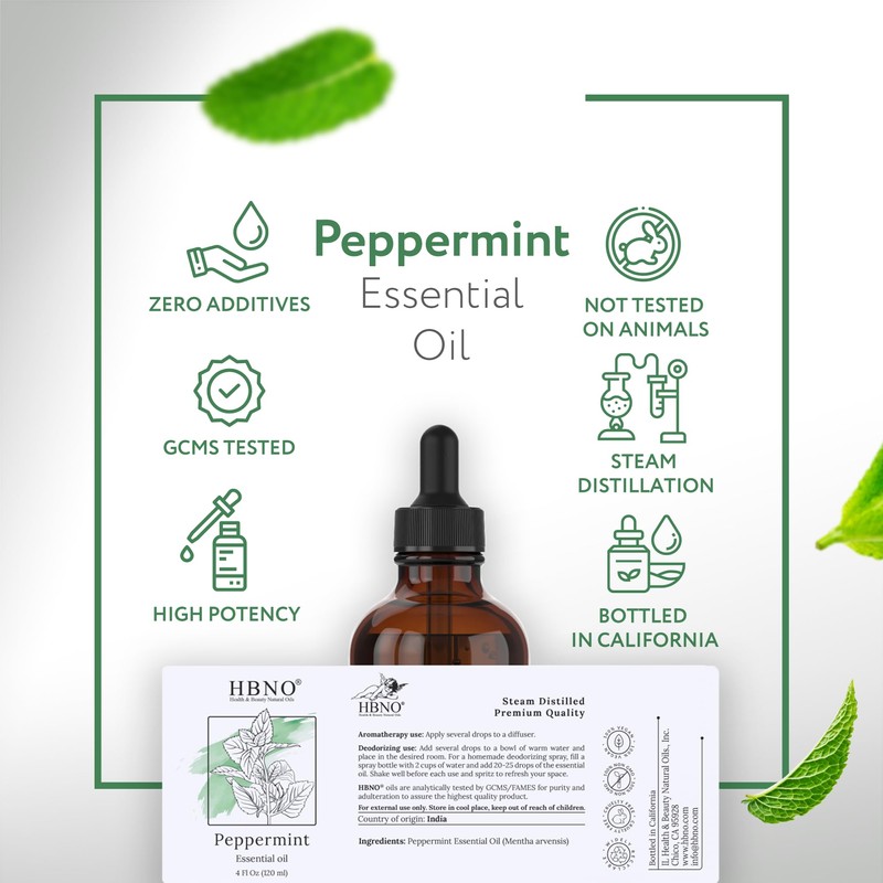 HBNO California Bottled Peppermint Essential Oil 4 fl oz (120ml)