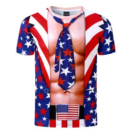 Funny World Mens American Flag Shirt 4th of July Shirt Men Graphic Patriotic Fake Muscle T-Shirt, Stars and Stripes, X-Large